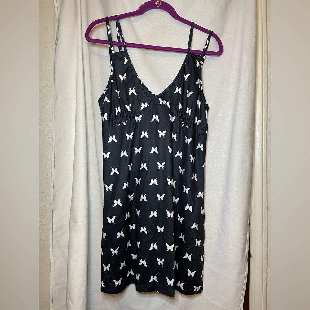 NWT Ekouaer Navy Blue w/ Butterfly Print Spaghetti Strap Night Dress Size L